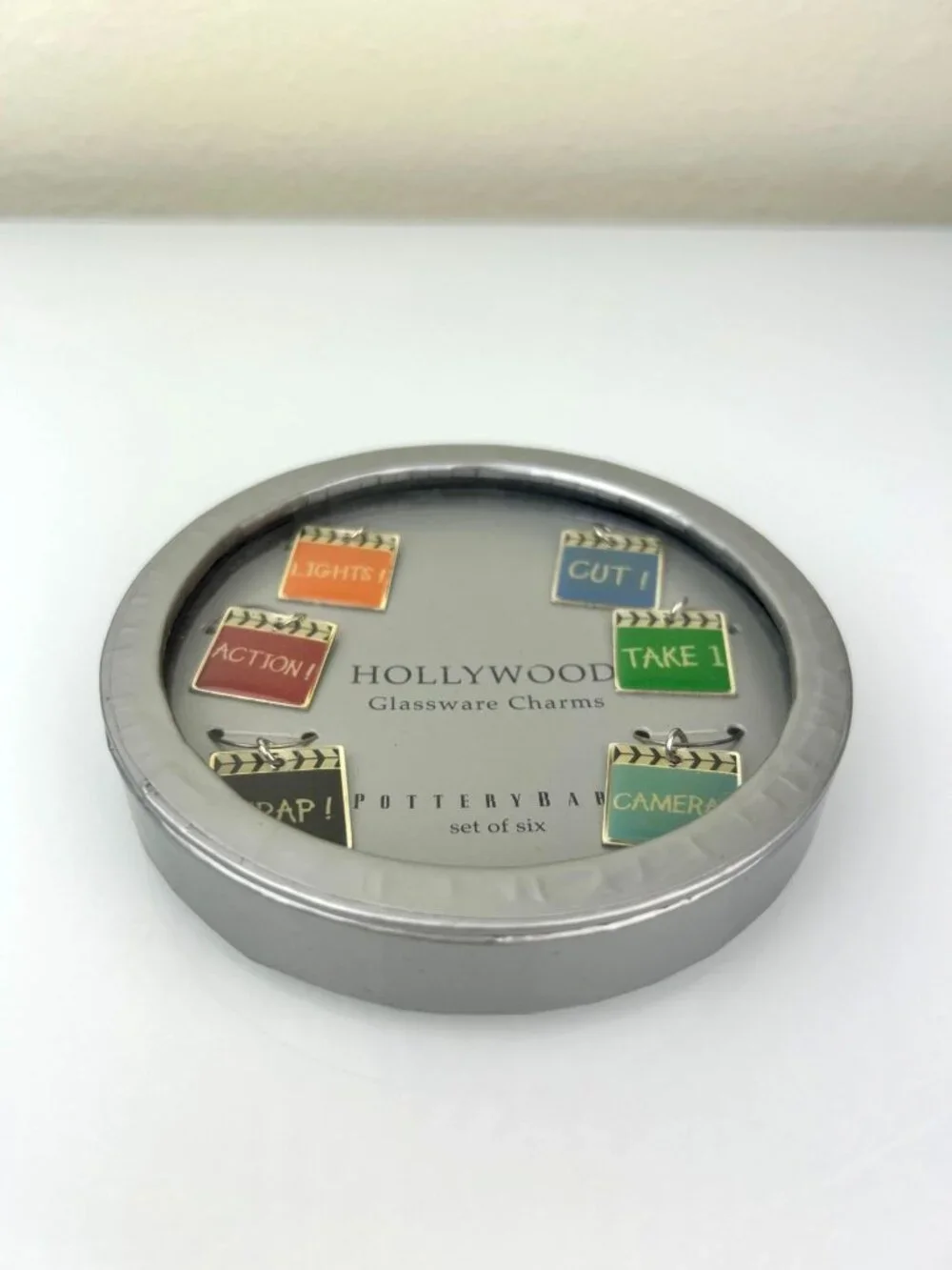 Pottery Barn Hollywood Glassware Stemware Charms Movie Cinema Theme Colorful NEW